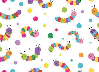 A seamless pattern of adorable caterpillars and butterfly larvae, featuring a repeating print and texture suitable for wrapping, textiles, and fabric design, presented as a printable, flat vector