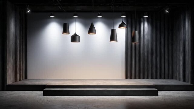 Contemporary minimalist dark empty room interior with focused spotlights on a clean white wall and a display platform stage.