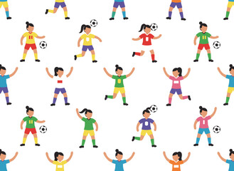 Fototapeta premium A seamless pattern featuring female football players on a white background, an endlessly repeatable backdrop of women in sports uniforms playing with a soccer ball, rendered as a colorful flat vector