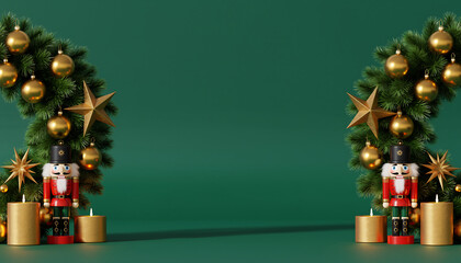 Festive nutcrackers and glowing candles adorned with golden ornaments and stars create a magical Christmas celebration atmosphere for seasonal joy
