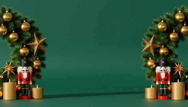 Festive nutcrackers and glowing candles adorned with golden ornaments and stars create a magical Christmas celebration atmosphere for seasonal joy