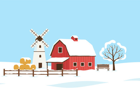 A winter farm scene featuring a hangar and shed, a barn with hay bales on snow, a rural shelter house with trees and a bench in cold snowy weather, depicted as a flat vector illustration on a white