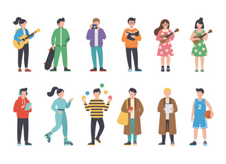 Fototapeta premium Illustration featuring a group of trendy teenage boys in fashionable attire against a white backdrop, depicted as cartoon characters holding a skateboard, fidget spinner, laptop, and guitar