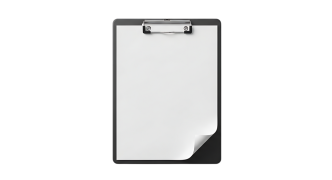 Black Clipboard, with White Paper and Silver Clip, isolated on a white or transparent background, cutout, PNG