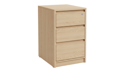 Light Wood Three Drawer Office Filing Cabinet, with Silver Lock, isolated on a white or transparent background, cutout, PNG