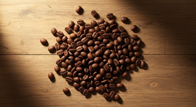 Roasted coffee beans scattered on rustic wooden background