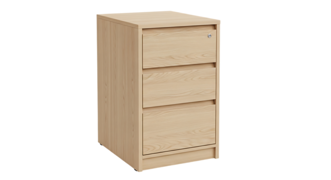 Light Wood Three Drawer Office Filing Cabinet, with Silver Lock, isolated on a white or transparent background, cutout, PNG - Powered by Adobe