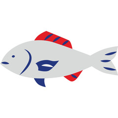 Stylized Gray Fish With Red and Blue Fins and Markings on a Transparent Background Simple Vector Graphic Aquatic Creature