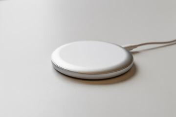 Close up photo of a sleek, silver and white wireless charging pad on a smooth, light grey surface, symbolizing modern power solutions, clean technology, and product elegance.