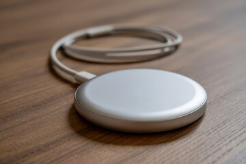 White and silver wireless charging pad connected to its cable on a rich, textured wooden desk, highlighting the blend of tech utility and warm interior design.