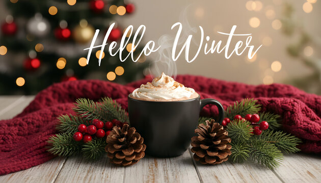 Cozy steaming hot chocolate with whipped cream and winter decor