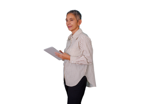 Senior businesswoman holding documents, smiling, looking away, in a formal striped shirt, transparent background