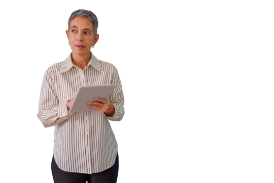 Senior businesswoman holding tablet, looking away with thoughtful expression, working with digital technology, transparent background - Powered by Adobe