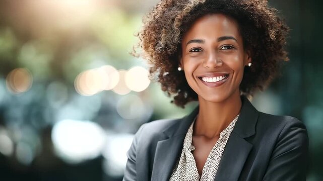 Successful Latin woman smiling confidently professional stance head cropped at eyes office or outdoor bokeh career success faceless no visible faces confidence with copy