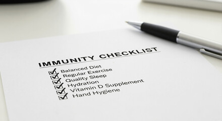 Immunity checklist with pen on white paper in modern workspace  