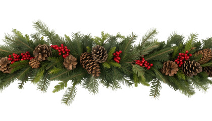 A festive tree garland features green evergreen branches, natural pinecones, vibrant red berries, isolated on a transparent background png