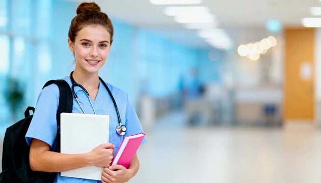 Smiling young woman doctor wearing a white coat and stethoscope holds a clipboard in a hospital setting, showing professional healthcare and medical care