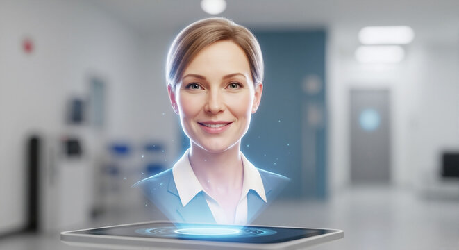 Digital hologram of woman smiling in medical environment on tablet   - Powered by Adobe