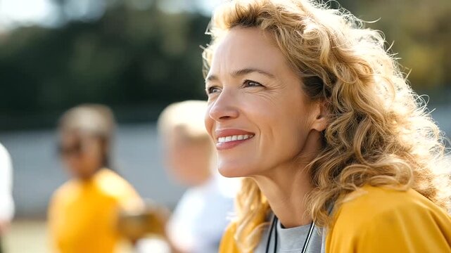 Female sports coach smiling during training backlit profile cropped above mouth field or gym defocused whistle and clipboard athletic leadership faceless no visible faces