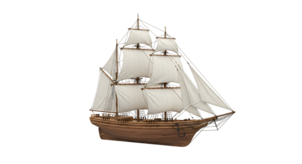 Detailed wooden sailing ship, with white sails and rigging, isolated on a white or transparent background, cutout, PNG