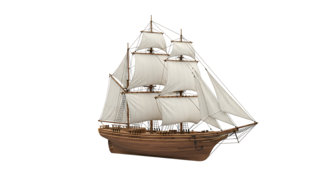 Detailed wooden sailing ship, with white sails and rigging, isolated on a white or transparent background, cutout, PNG