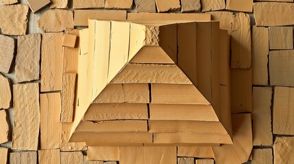 Pyramid structure made of cardboard pieces representing construction and design creativity