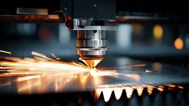 Closeup medium shot of laser cutting precise shapes on a copper sheet in a hightech manufacturing setting.