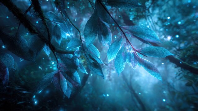 Enchanted Forest at Night with Glowing Leaves and Mystical Blue Atmosphere Creating a Magical Dreamlike Scene - Powered by Adobe