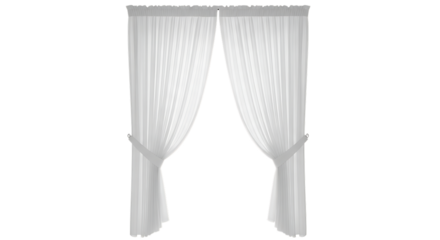 Sheer white pleated curtains, tied back with fabric bands, isolated on a white or transparent background, cutout, PNG