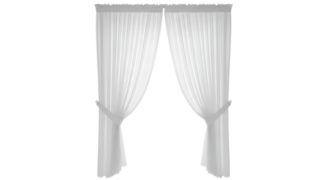 Sheer white pleated curtains, tied back with fabric bands, isolated on a white or transparent background, cutout, PNG