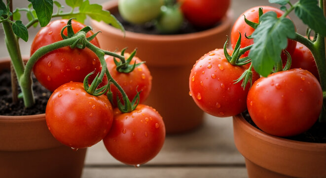 Fresh red tomatoes growing in pots with water droplets on leaves - Powered by Adobe