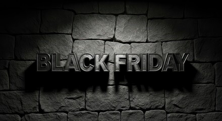 Black Friday metallic 3D text on a dark stone wall, illuminated by dramatic spotlight