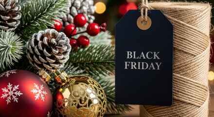 Black Friday sale tag with festive Christmas decorations, including pinecones, red berries, and ornaments, set against a background of blurred holiday lights.