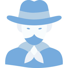 Stylized Flat Icon of a Cowboy Character Wearing a Hat Scarf and Mask in Shades of Blue Against a Transparent White Background