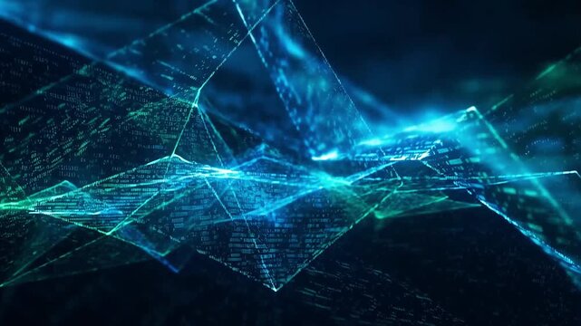 A mesmerizing animation showcasing ethereal streams of complex digital information. Vibrant electric blue and luminous green data flows fluidly across a vast, deep black void.
