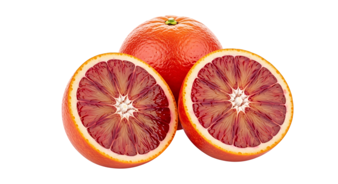 Whole blood orange, and two halves showing vibrant red flesh and white pith, isolated on a white or transparent background, cutout, PNG