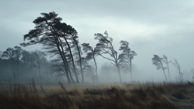 Misty landscape with tall trees bending in the strong wind — dramatic nature scene