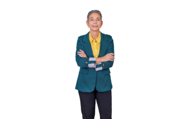 Mature confident businesswoman manager standing with crossed arms, executive professional showing experience and leadership