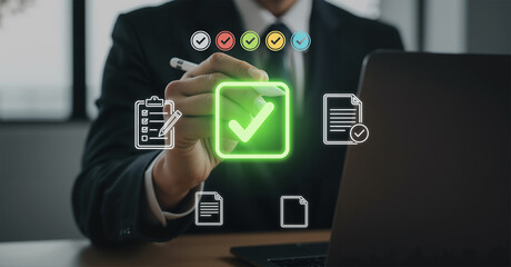 Quality control and compliance concept with a businessman using a digital interface to approve documents with a glowing green checkmark.