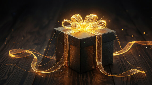 Black gift box with glowing golden ribbon and magical sparkling light on dark wooden background creating a festive elegant atmosphere full of wonder and celebration