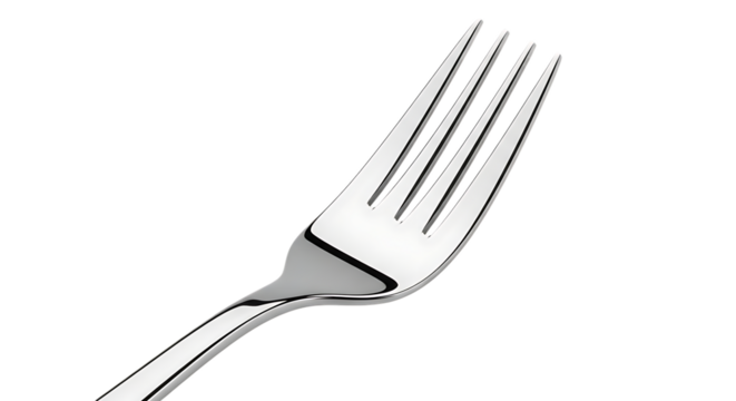 Polished Metal Four Tined Dinner Fork, with Smooth Curves, isolated on a white or transparent background, cutout, PNG
