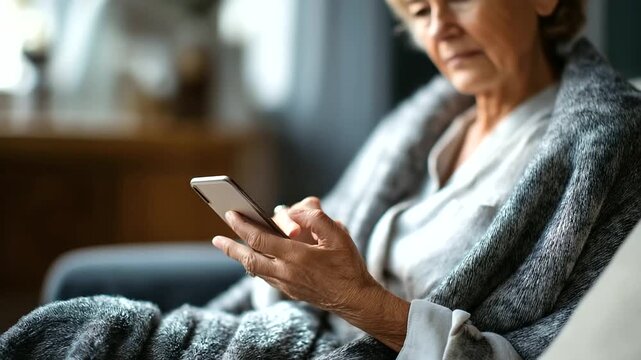 Senior woman using smartphone while relaxing at home side angle with head turned away close on hands and phone soft throw blanket texture independence faceless no visible