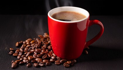Red Mug Nescafe With Coffee Bean On The Black Background