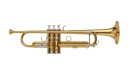 Fototapeta premium Gleaming brass trumpet, with silver valve caps and accents, isolated on a white or transparent background, cutout, PNG