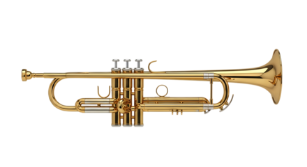 Gleaming brass trumpet, with silver valve caps and accents, isolated on a white or transparent background, cutout, PNG