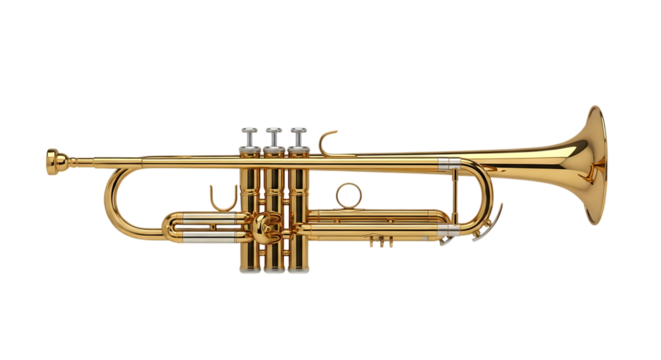 Gleaming brass trumpet, with silver valve caps and accents, isolated on a white or transparent background, cutout, PNG