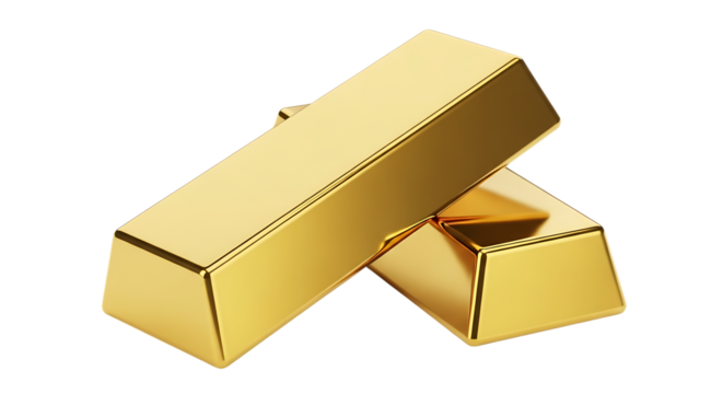 Two gleaming polished gold bars, stacked diagonally with sharp edges, isolated on a white or transparent background, cutout, PNG