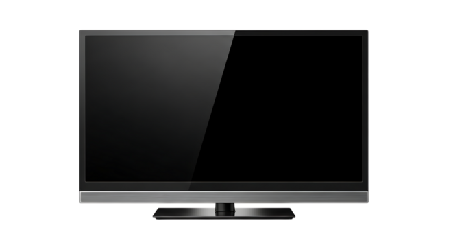 Modern flat screen television, with thin bezel and silver accent bar, isolated on a white or transparent background, cutout, PNG