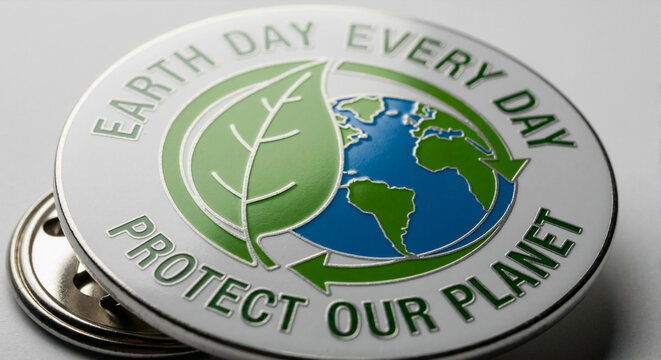 Earth Day badge with green leaf and globe design on white background  