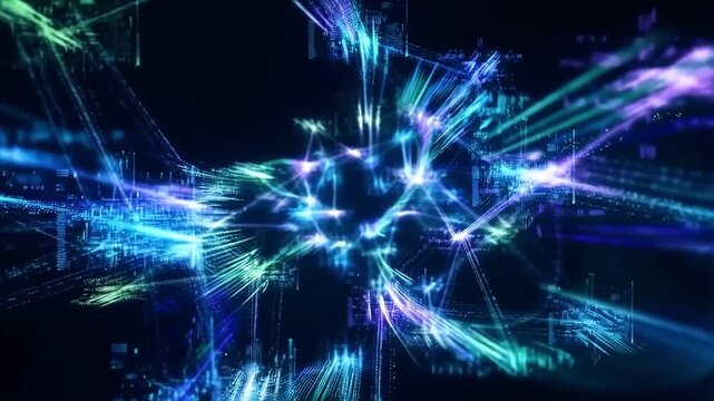 A mesmerizing animation showcasing ethereal streams of complex digital information. Vibrant electric blue and luminous green data flows fluidly across a vast, deep black void.
